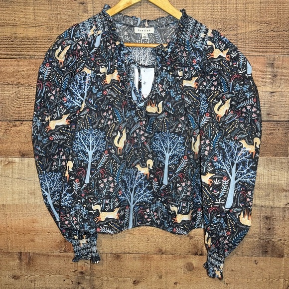 Stellah Fox Floral Peasant Tie-Neck Long Sleeve Blouse size Small Anthropologie - Picture 2 of 11